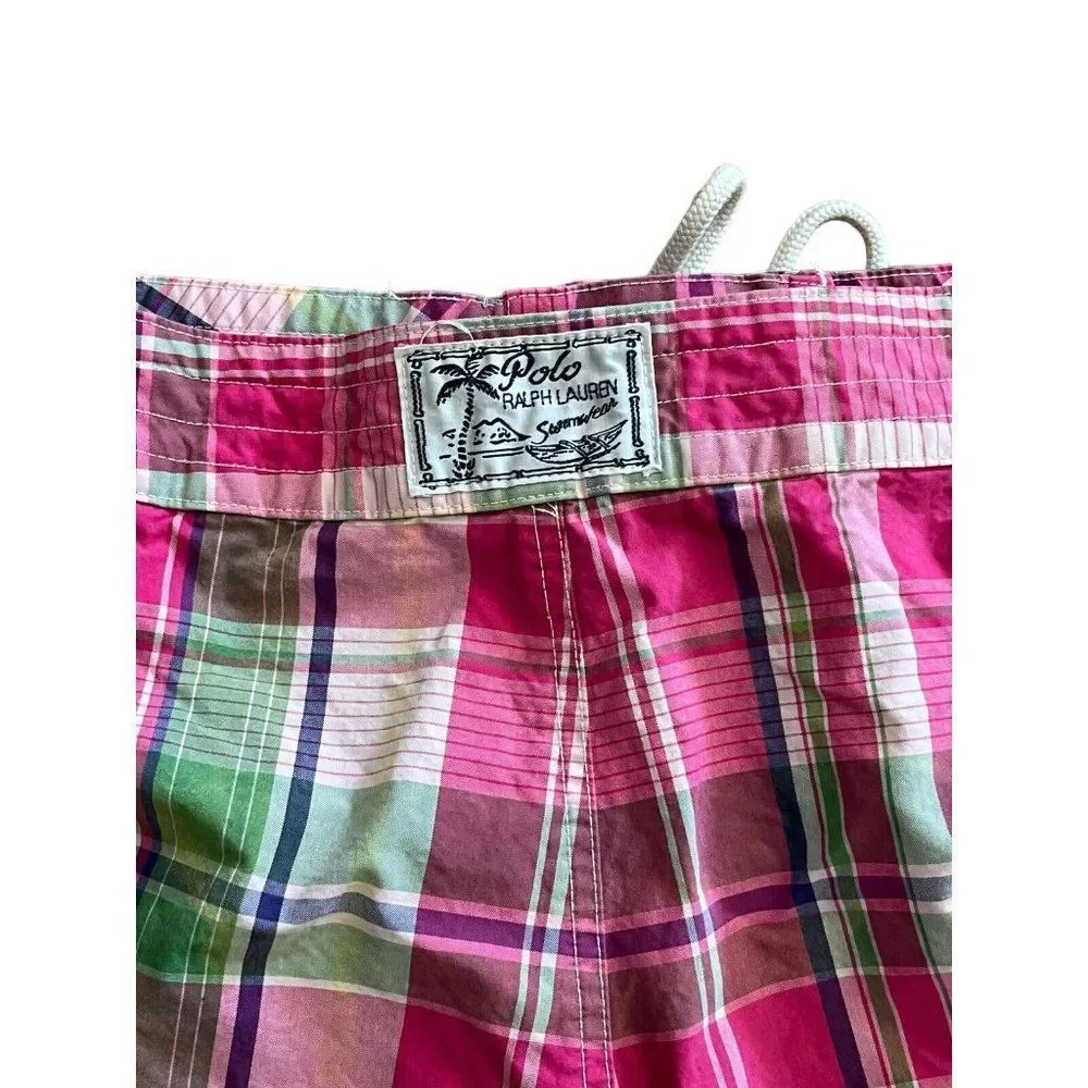 Men's Pink & Green Plaid Swim Board Shorts